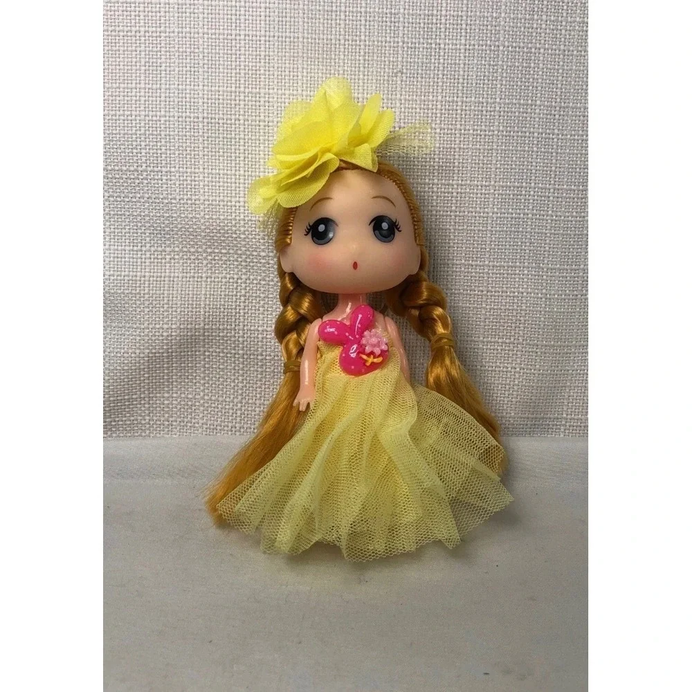 Miniature Doll Keychain Yellow Tulle Dress Braided Ginger Hair Collectible 5in